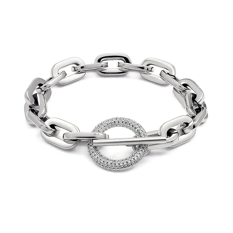 Classic Thick Cuban Link Chain Bracelets Female Gold Color Stainless Steel CZ Crystal Stones Link Hand Chains for Women