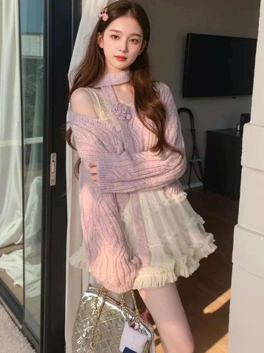 

Loose Knitted Scarf V-Neck Flower Patterned Mixed Color Cardigan Sweater Spring Design Casual Style Long Sleeve Woolen Coat