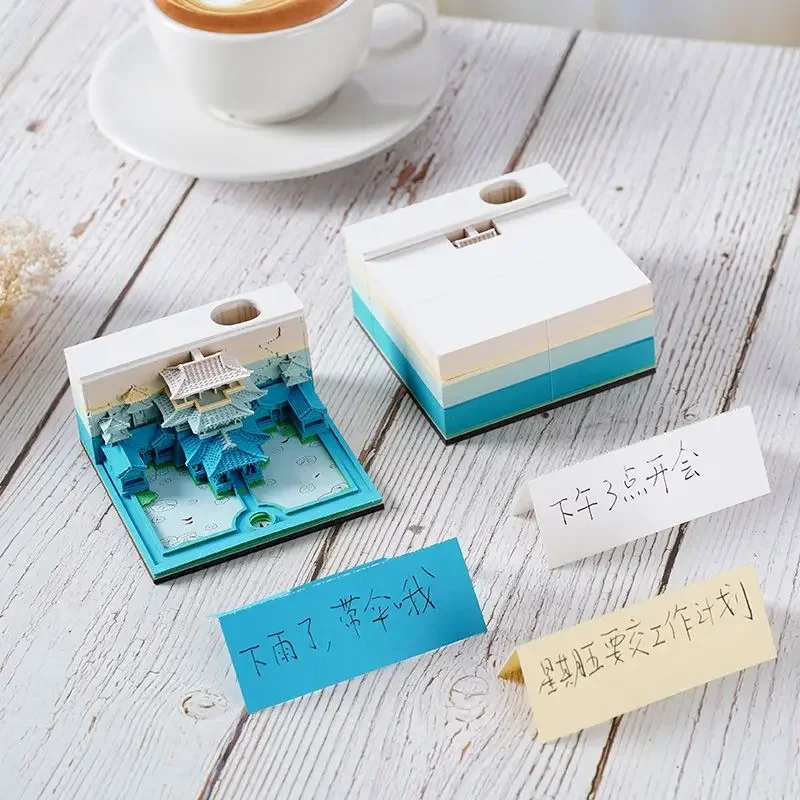 Chinese Style 3D Memo Pad Paper Carving Student Antique Sticker Sticky Note Architectural Model Desk Ornament with Gift Box