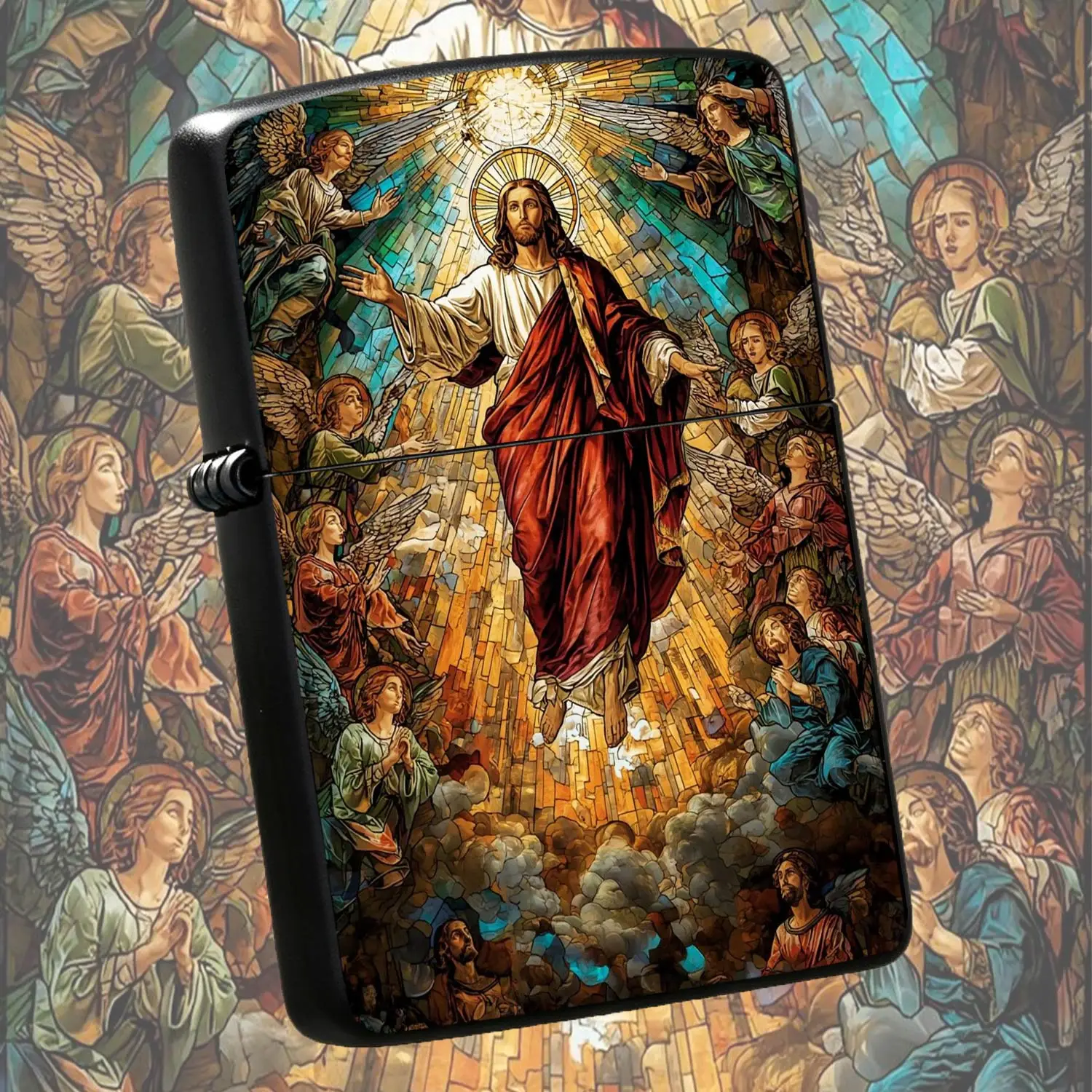 Exquisite Stained Glass Style Jesus Ascension Themed Lighter, Retro Religious Art Pattern Portable Igniter, Ideal For Daily Multi-Scene Use, Thoughtful Unique Gift For Faithful Friends And Art Lovers, Durable Practical Decorative Accessory