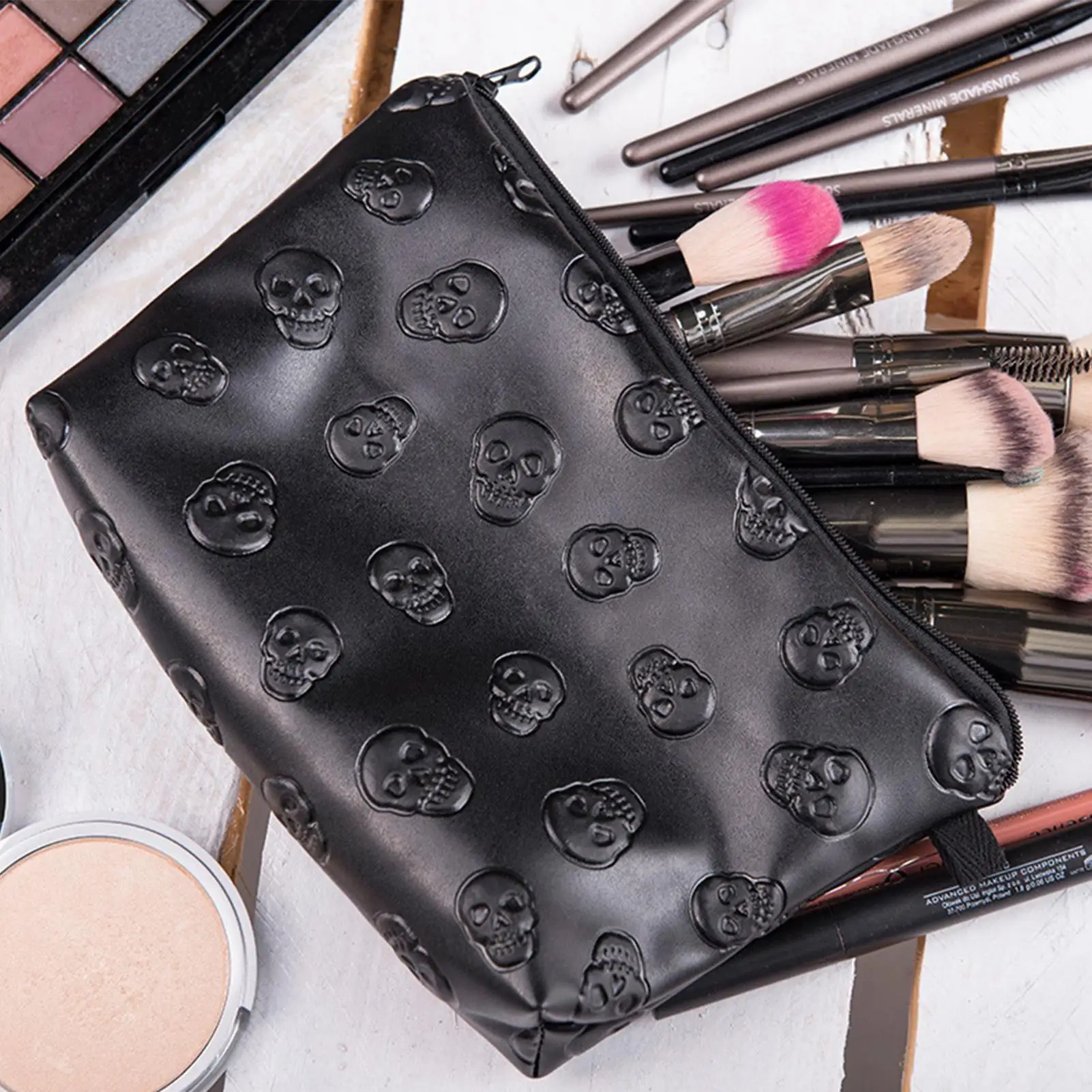 Black Skull Cosmetic Bag Waterproof PU Leather Makeup Bag Travel Organizer For Cosmetics Toiletry Kit Storage Makeup Bags