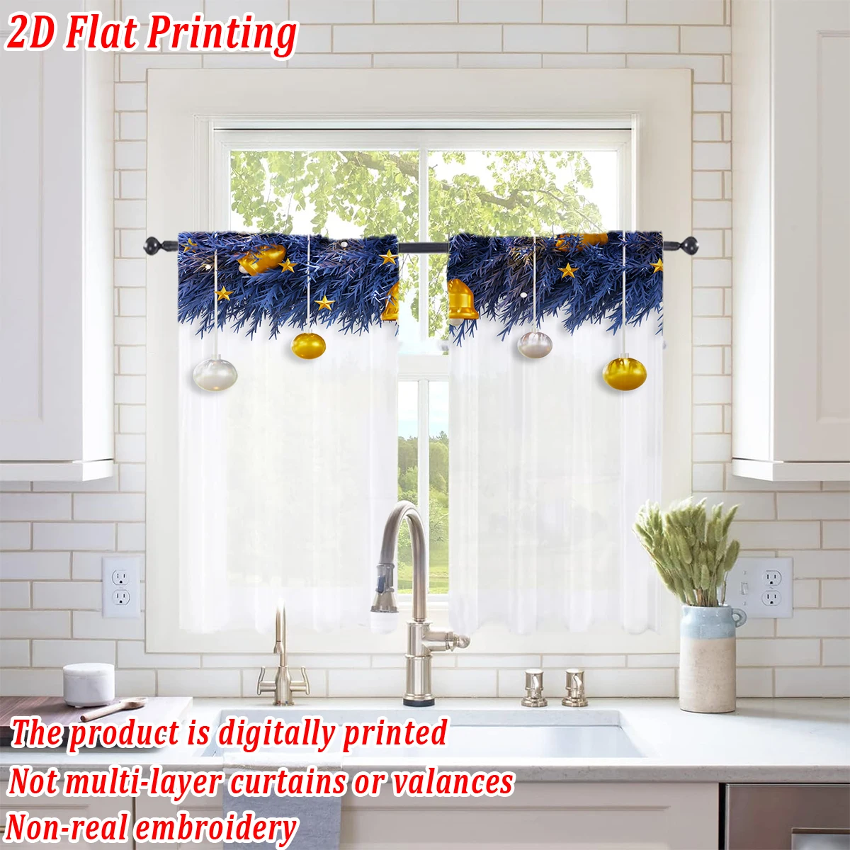 Christmas Flat Printing Kitchen Sheer Curtain with Merry Christmas Ball Ornament Pine Branch For Christmas Home Decor  Party