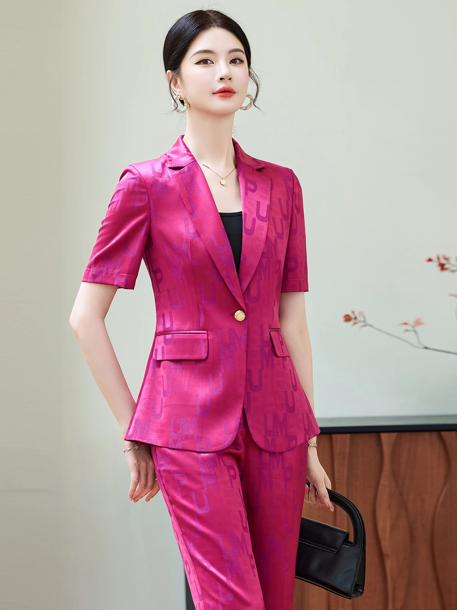 Women's Purple Red Short Sleeve Suit Set Professional Workwear Summer Design Slim Fit Polyester Fiber One Button Closure