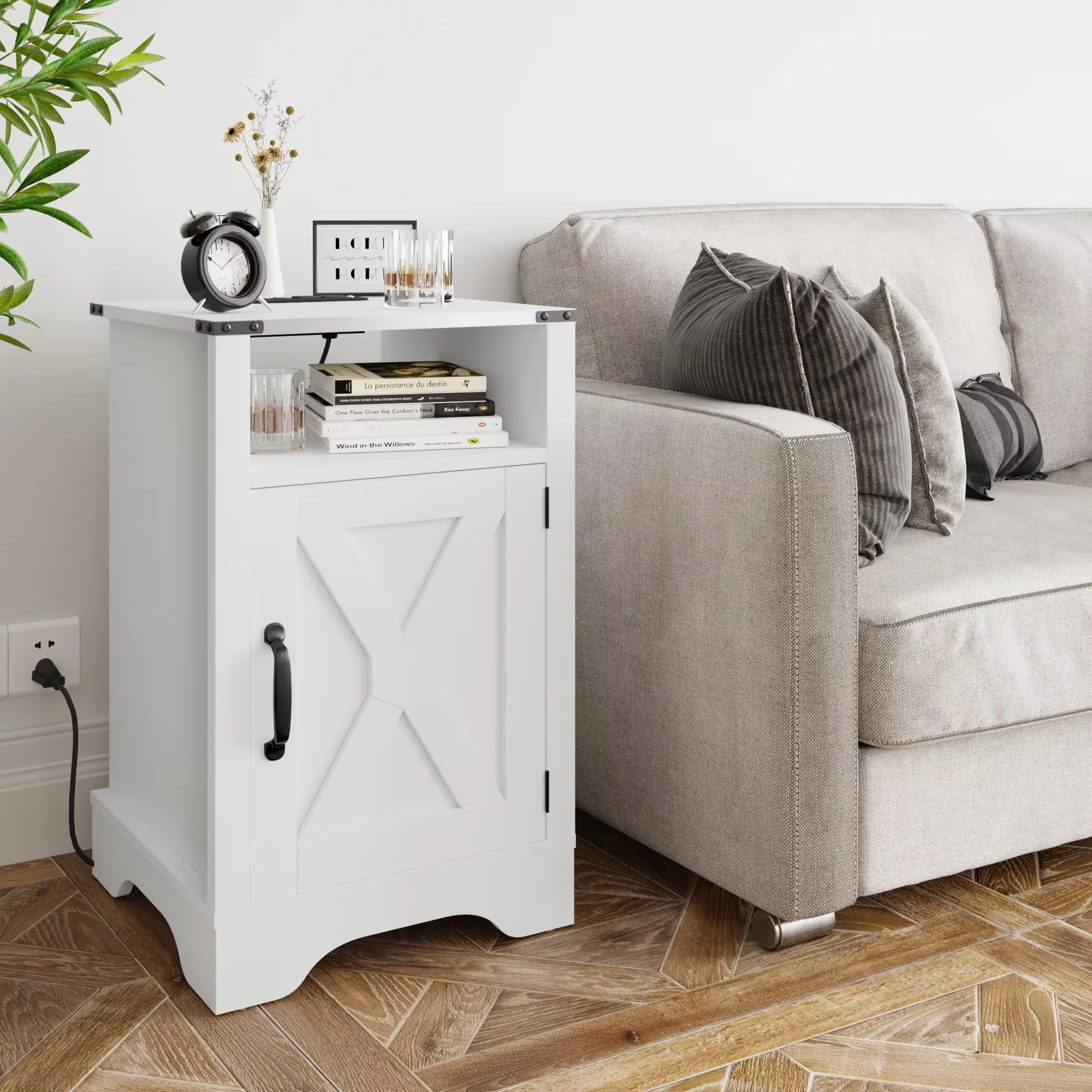 Farmhouse Nightstand with Charging Station, White Bedside Table with 2 USB Ports & Outlets, Wooden End Table with Storage for Bedroom