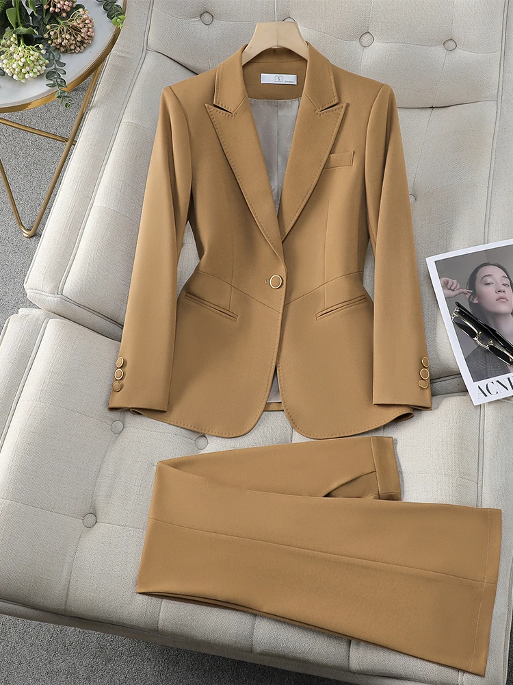 Office Ladies Formal Pant Suit 2 Piece Set Women Green Khaki Red Female Long Sleeve Business Work Wear Blazer Jacket And Trouser