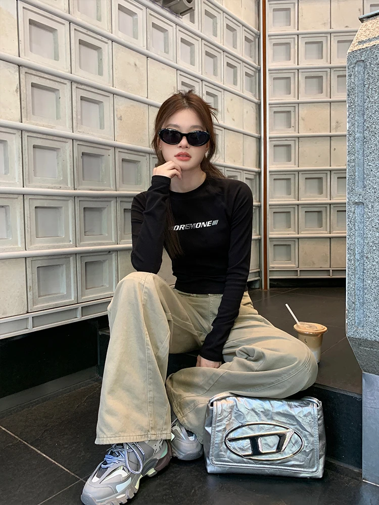 تي شيرت نسائي من القطن الخالص Bla ort Sve طويل Sve بعرض الكتف مقاس عادي تصميم غير رسمي مطبوع قاعدة irt #1