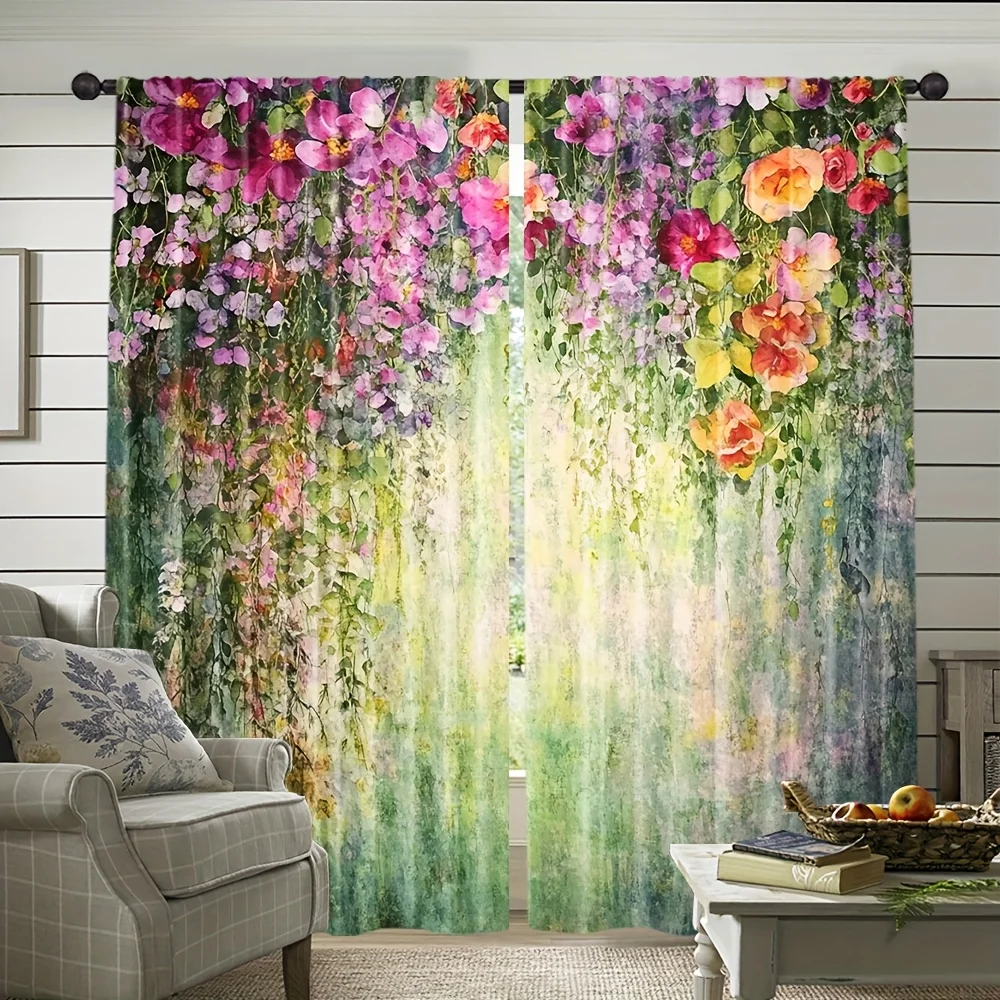 Pastel Watercolor Vine Flower Curtain Panels 2 Pack, Hanging Rose Wisteria Gradient Green Elegant Botanical Living Room Curtain