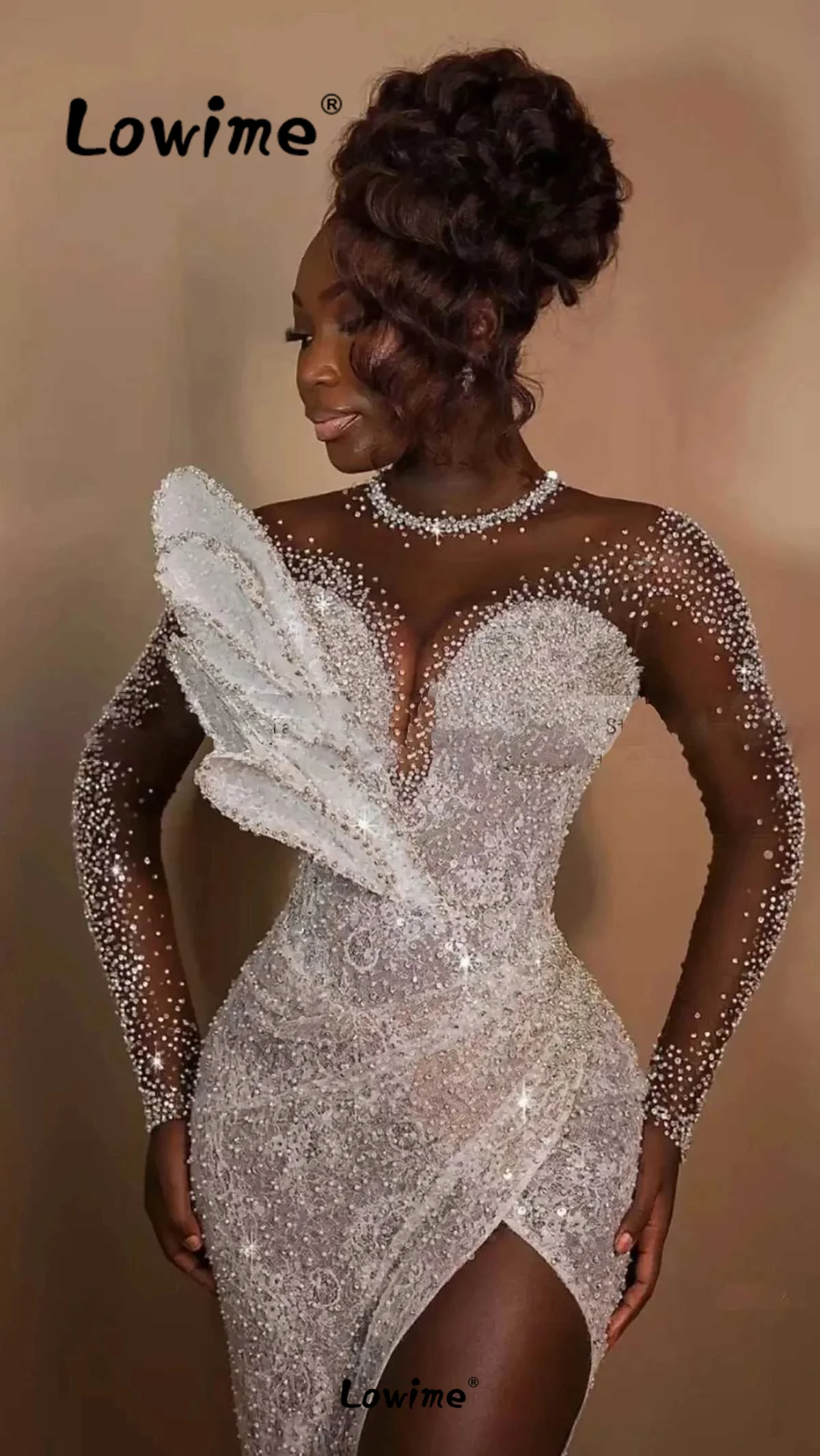 Customized Wedding Party Dress With Detachable Train White Ivory 2 In 1 Prom Dresses Long Sleeve Mermaid Split Side Beaded Pearl