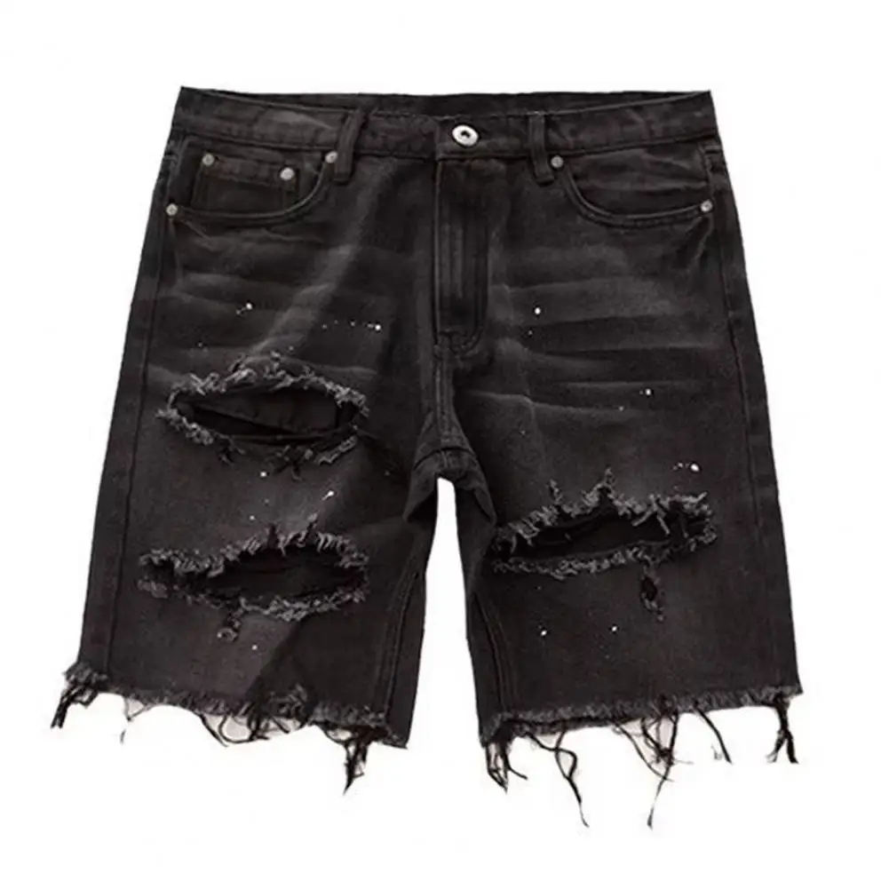 

Button Zipper Fly Shorts Men's Summer Distressed Denim Shorts Stylish Button Fly Jeans with Ripped Holes Multi for Korean