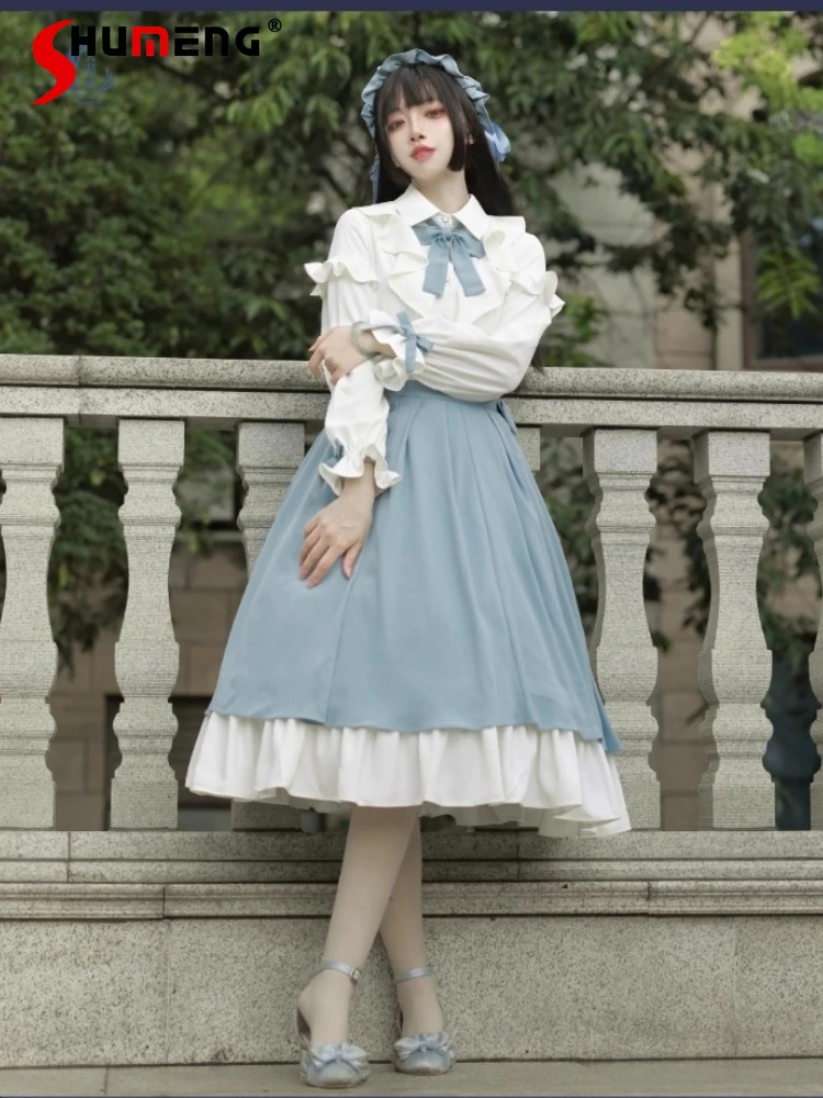 

Милые элегантные однобортные рубашки с воротником-поло CLA и бантом с длинными рукавами, плиссированные длинные юбки трапециевидной формы с высокой талией, женский комплект из двух предметов