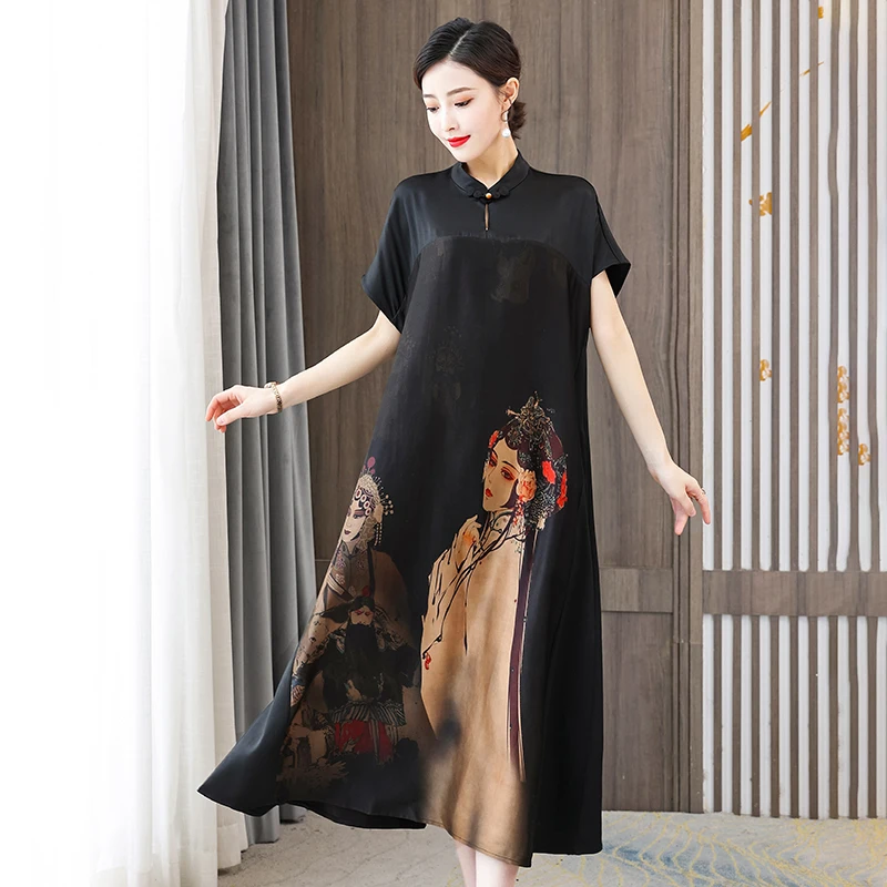 

2024 Black Print Silk Short Sleeve Midi Dress Summer Fashion Chic Loose Waist Dress Women Korean Vintage Party Vestidos