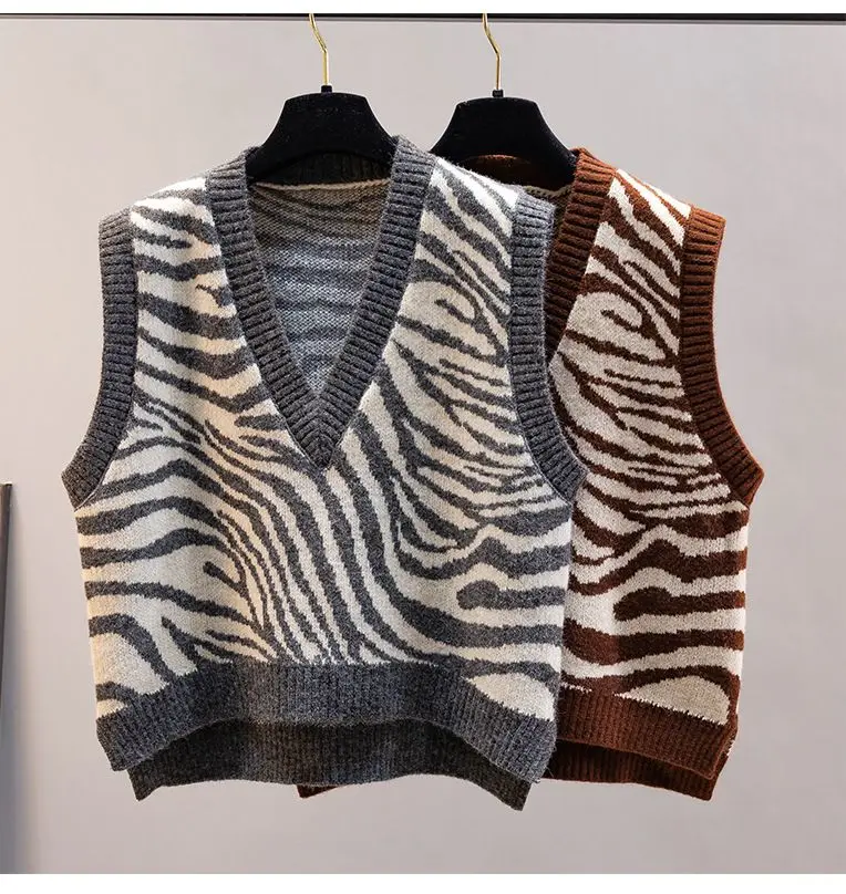 Women's Sexy Sleeveless Knitted Vest Autumn Spring Leopard Sweater Crop Sleeveless Knitting Jumper Ladies V Neck Pullovers R640