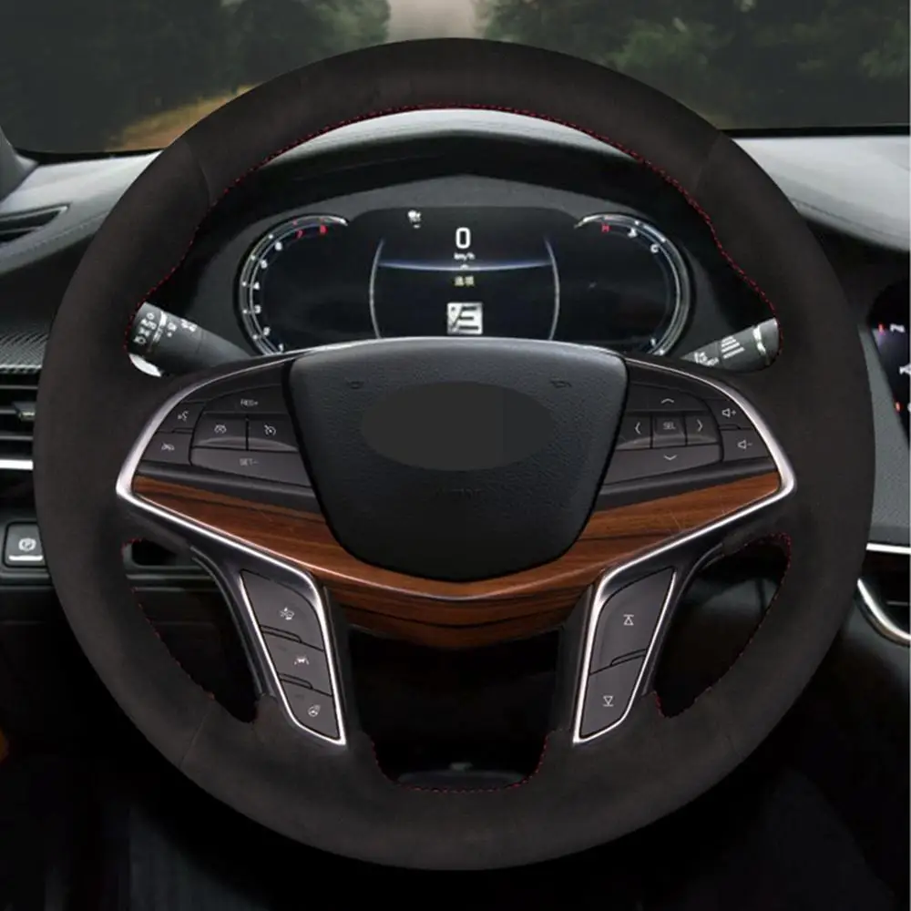 

For Cadillac CT6 2015-2019 XT5 2015-2018 DIY Hand-stitched Black Suede Car Steering Wheel Cover