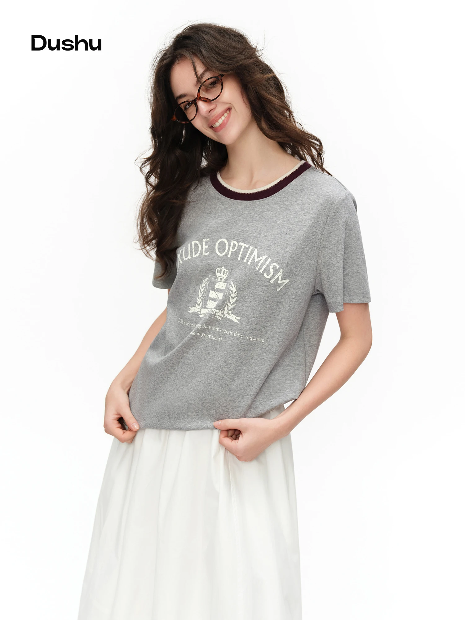 DUSHU Women's Color-Block Ribbed Crew Neck Regular Shoulder T-Shirt 2026 Summer New Arrival Stylish Nautical & Casual Daily Top