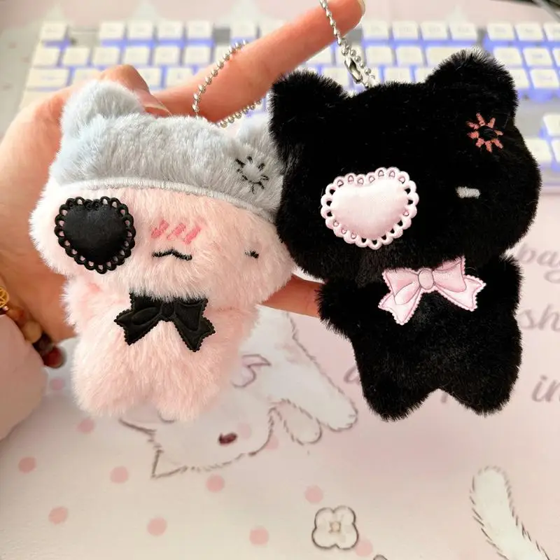 Kawaii Pink Cat Black Cat Doll Backpack Decoration Cute Cartoon Plush Kitty Keychain Pendant Bag Charm Key Ring Accessories Gift view 4