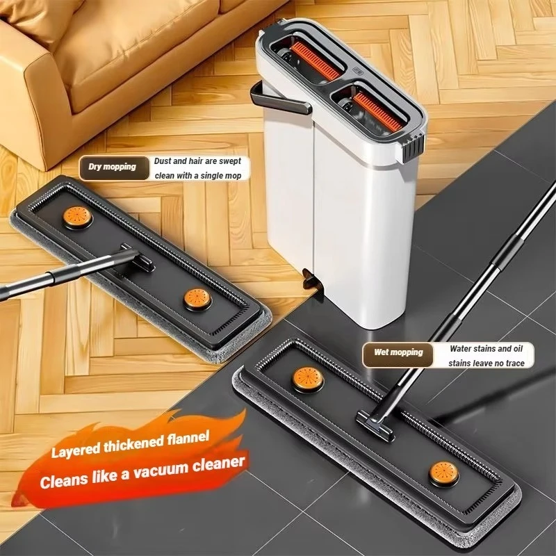 Hand-Free Wet & Dry Spin Flat Mop Combo, 40cm Mop with Scraper Bucket, Floor Cleaning Tool for Bathroom & Household
