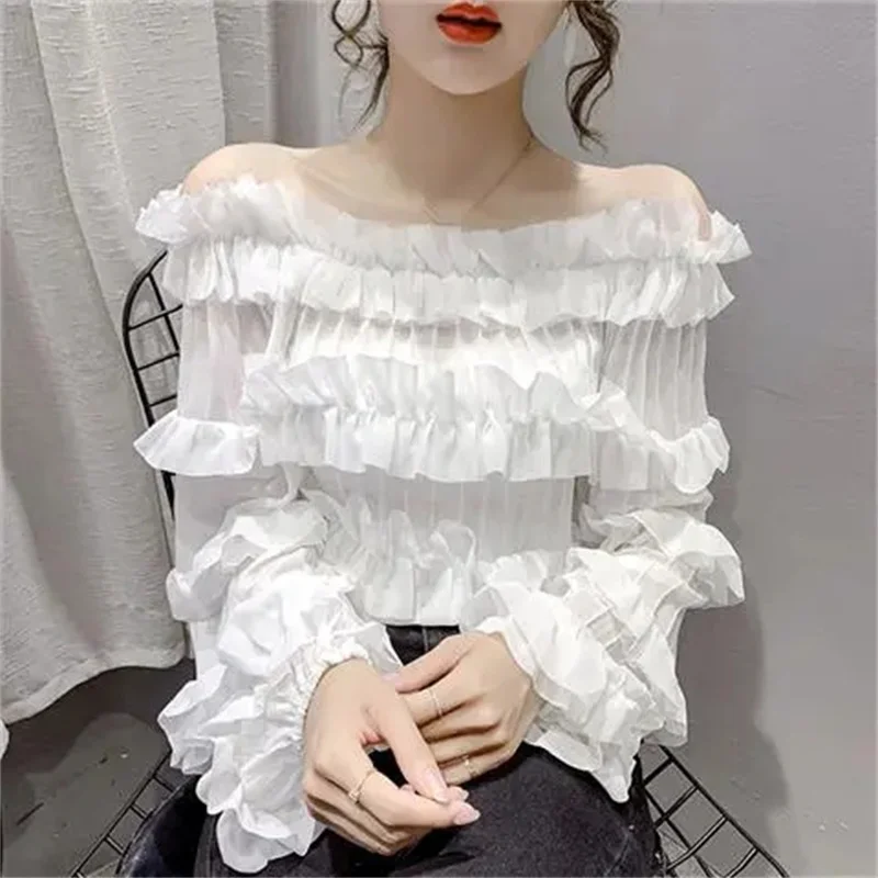 2023 Autumn New Off Shoulder Chiffon Long Sleeve Sweet Temperament Fashion Sexy Versatile Chiffon Top Women Cardigan  Breathable