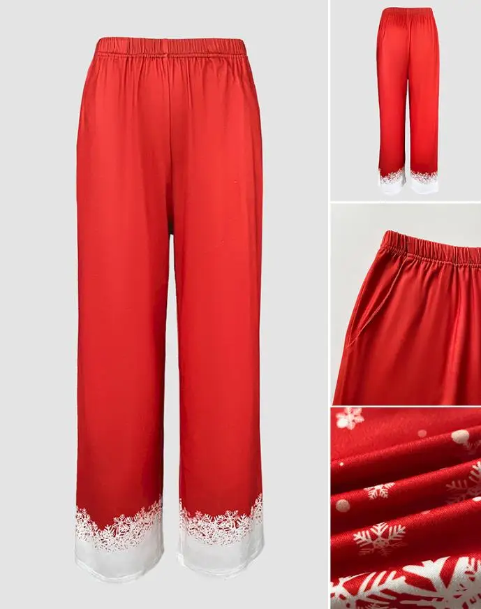 

Комплект из двух предметов, рождественский милый мультяшный олень с принтом, топ с длинными рукавами и брюки, повседневный пижамный комплект с принтом снежинок