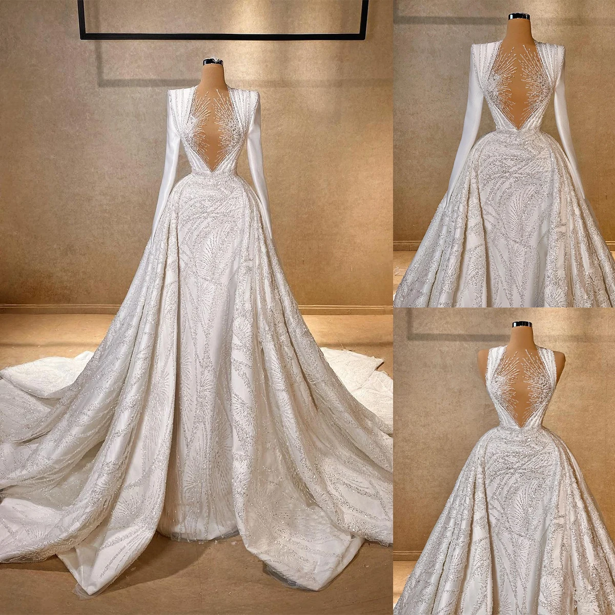 

Gorgeous Mermaid Wedding Dresses Lace Appliques Design Pleats Court Gown Long Sleeves Backless Bridal Custom Made Robe De Mariée