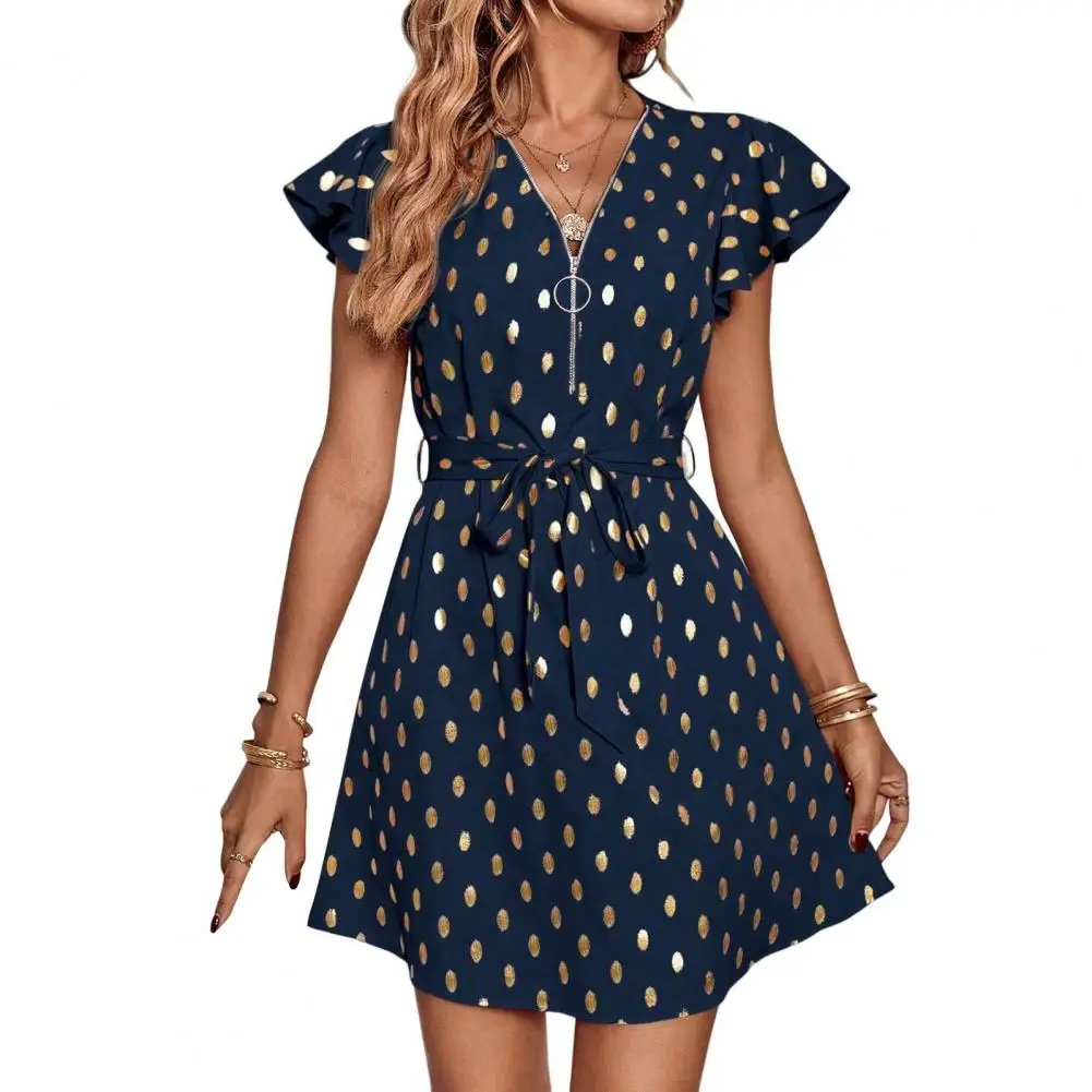 

Women Mini Dress Lace-up A-line with Flying Sleeves Dot Print Summer Commute vestidos para mujer