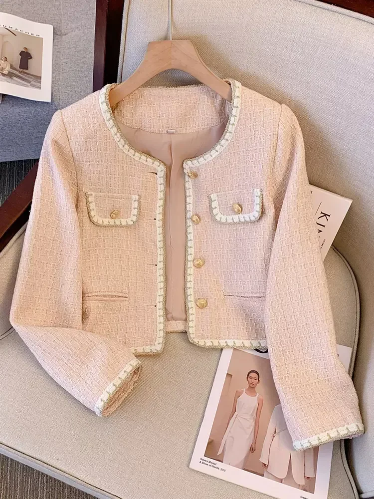 Korean Fashion Elegant Cropped Jackets Women Casual O-neck Single Breasted Outerwears Tops Spring Fall Long Sleeve Chaquetas New