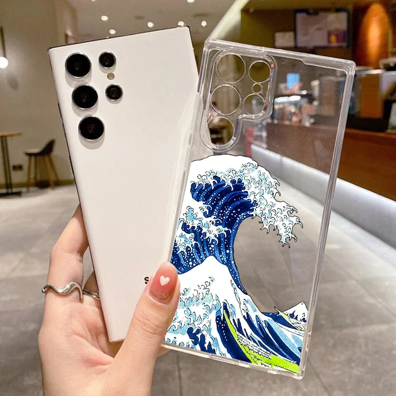 New Hokusai The Big Wave of Kanagawa Phone Case for Samsung S23 Plus Ultra S22 S21 S20 S24 Plus FE Clear Silicone Covers Fundas