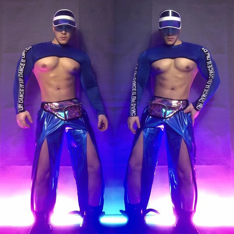 Sexy Gogo Dancer Clothing Men Nightclub Bar Jazz Dance Outfit Pole Dance Clothes Crop Tops Blue Pants Male Party Rave Wear