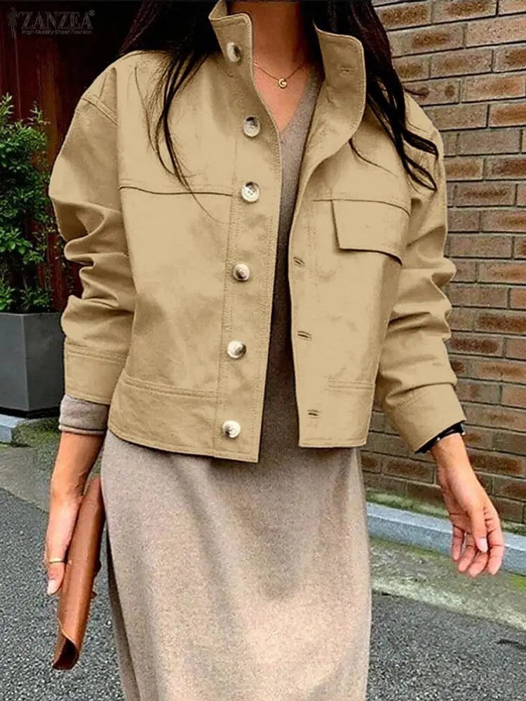 

ZANZEA Fashion Coats Long Sleeve Autumn Jackets Women Stand Collar Solid Outerwear 2025 Winter Casual Cardigans Elegant Coats