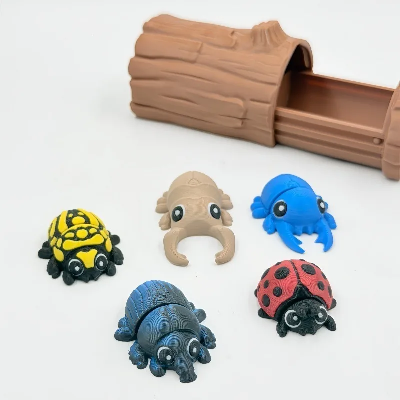 3D Printed Mini Beetle Figurine Realistic Insect Model with Stump House Plastic Craft Ornament Kids Educational Toy Home Decor