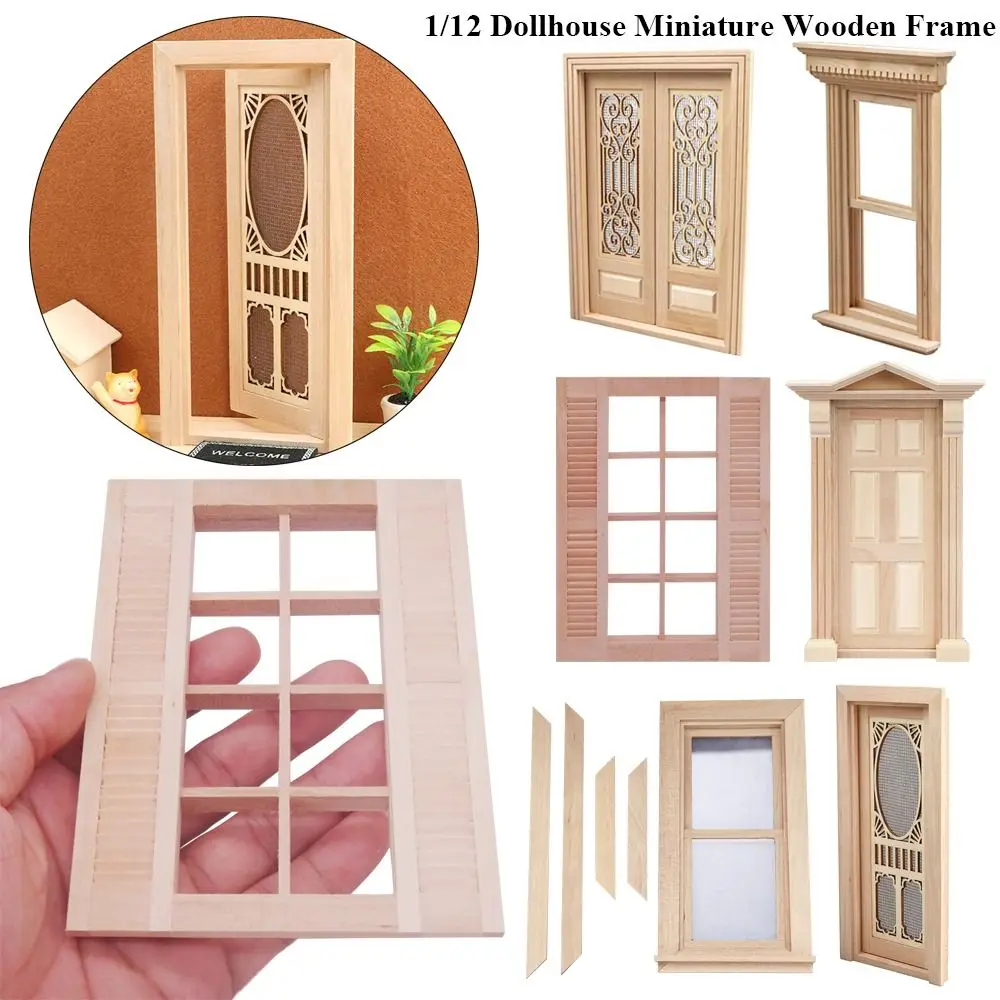 Hollow Out Wooden Glass Frame Window and Door Doll Furniture DollHouse Furniture Accessories DIY Double Window Miniature Toys