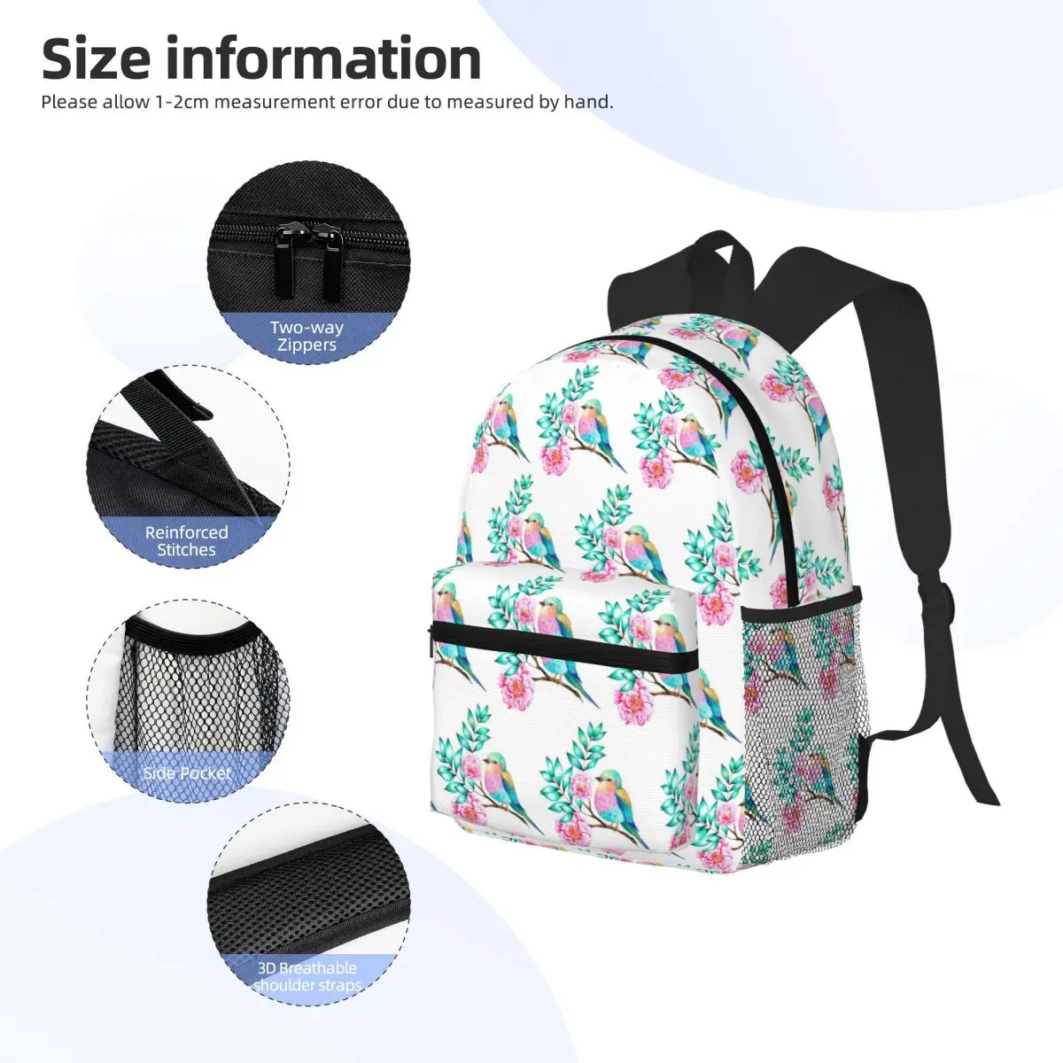 Bird Flower Branch Small Bird A Lilac Breasted Roller Student Backpack School Bag Daypack for Men Women Bookbag Shoulder Bags view 4
