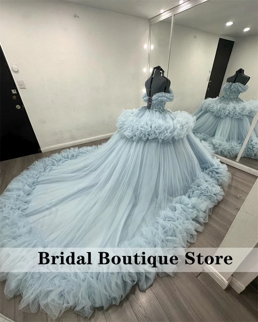 

Luxury Sky Blue Princess Ball Gown Quinceañera Dresses Beads Appliques Crystal Ruffles Birthday Party For 15th Girls Customized