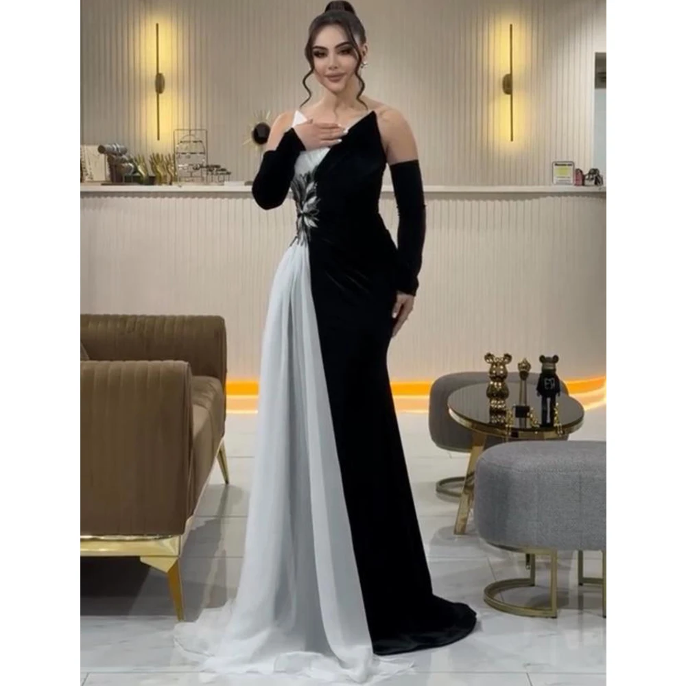 

DRESS RORU Mermaid Evening Dress V-Neck with Pleat and Beaded Floor Length Women Jersey Double Color Customized فستان سهرة نسائي