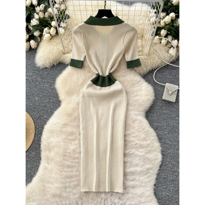 ผู้หญิงเก๋ฤดูร้อนSlimเสื้อโปโลคอBodyconถักชุดยาวVINTAGE PARTY Patchwork SheathชุดElegant Tunic Office vestidos