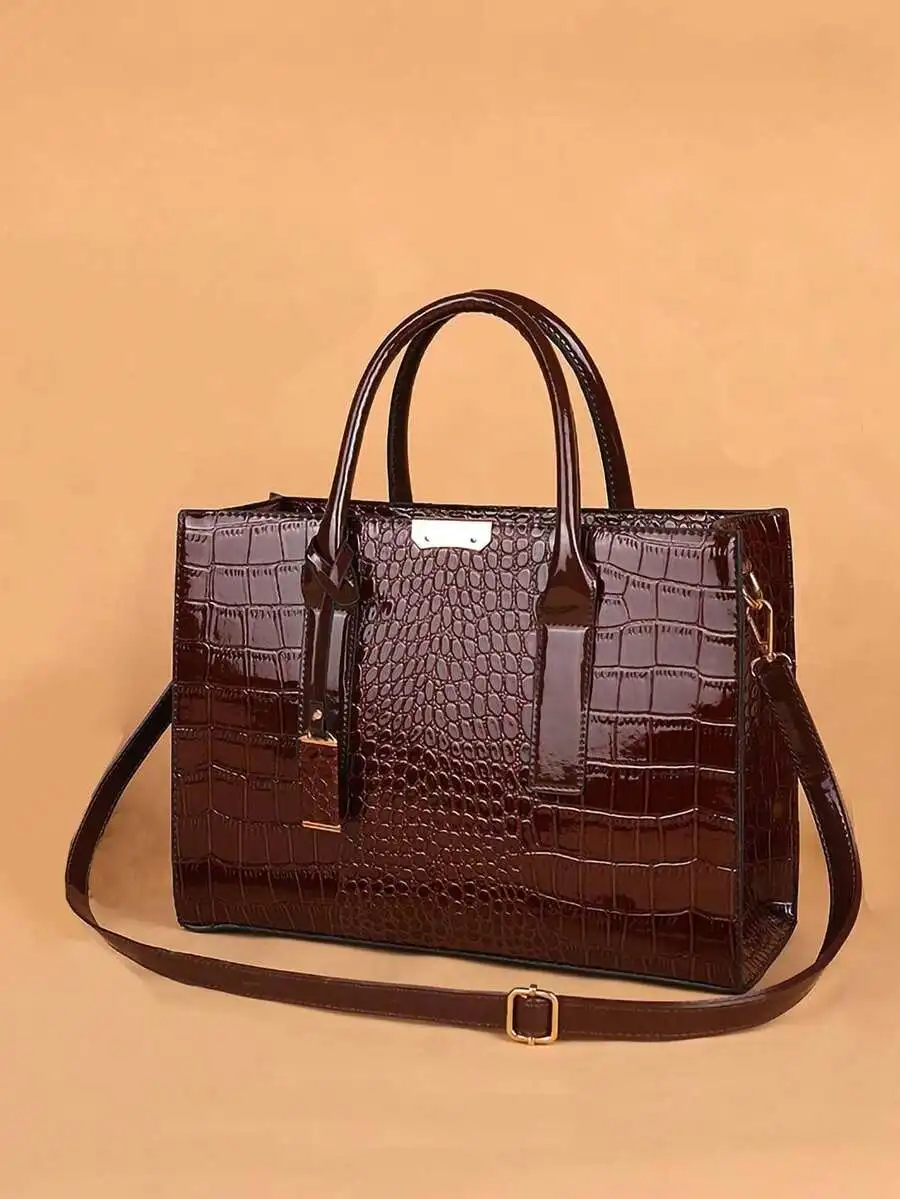 

Glossy Crocodile Texture Large Square Tote Bag for Women with Adjustable Strap