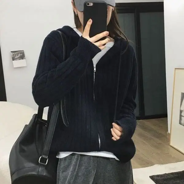 Fashionable Zipper Hooded Cardigan Sweater Women's Loose New Style Knit Open Jacket Coat 2024 New Fashion Top