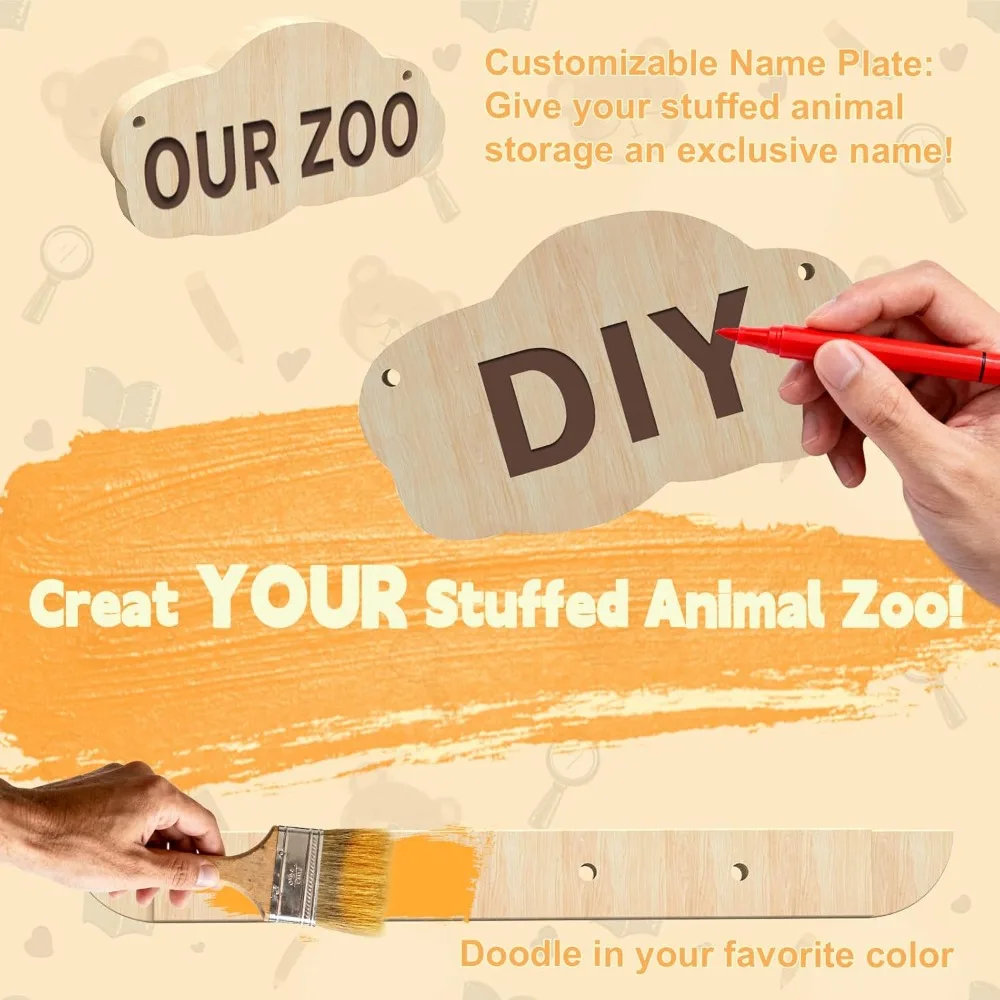 Large Wooden Plush Toy Storage Rack with Elastic Bands and Brake Wheels