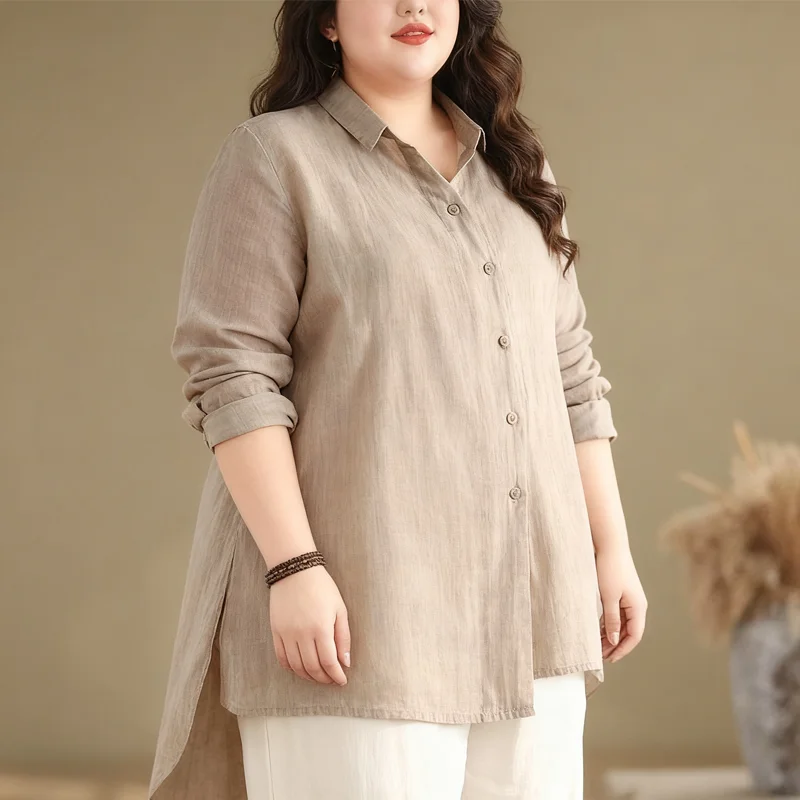 【เสื้อโอเวอร์ไซส์】(40-150 กก.) เสื้อผู้หญิงฤดูร้อน ผ้าฝ้ายลินิน ไซส์ใหญ่ แขนยาว คอปกเรียบ เสื้อแฟชั่นสไตล์พื้นฐาน