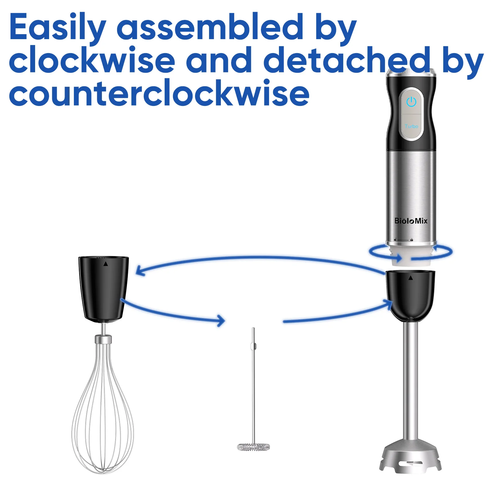 خلاط يدوي BioloMix 3 في 1 مع شفرات شحذ من الفولاذ المقاوم للصدأ وخفق رغوة الحليب لعصائر طعام الأطفال