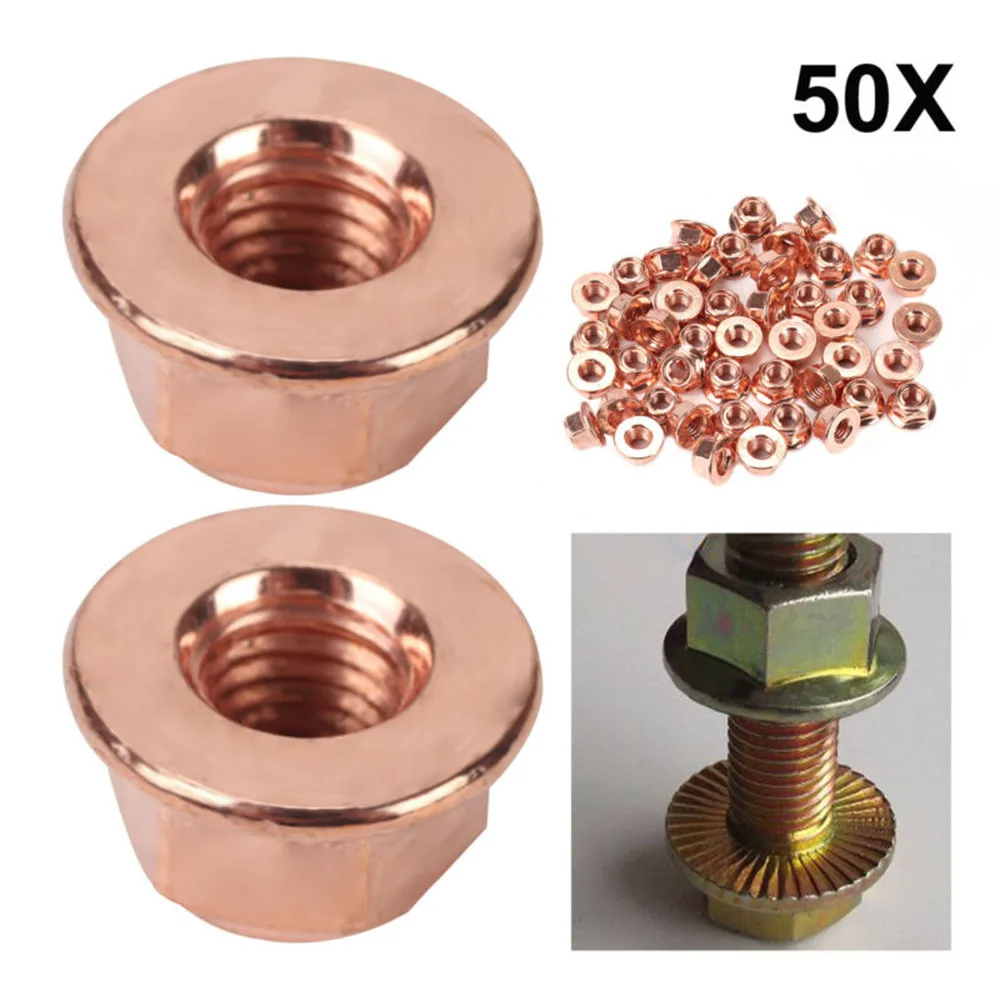 50x M8 Copper-plated Flashed Exhaust Nuts SW 13 Manifold Stud Hex Nut 8mm Turbocharger Nut Car Fasteners Accessories