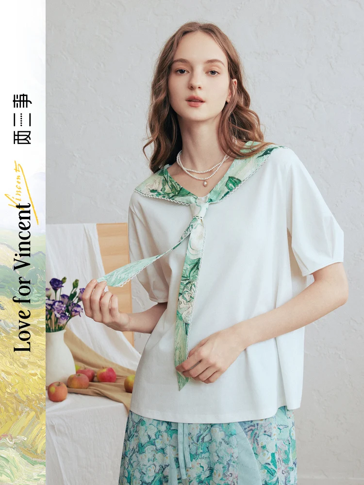 Artistic Bubble Sleeve T-Shirt Women's Spring New Style Printed Knot Neck Navy T-Shirt Cotton Casual Fashion Girl's Top