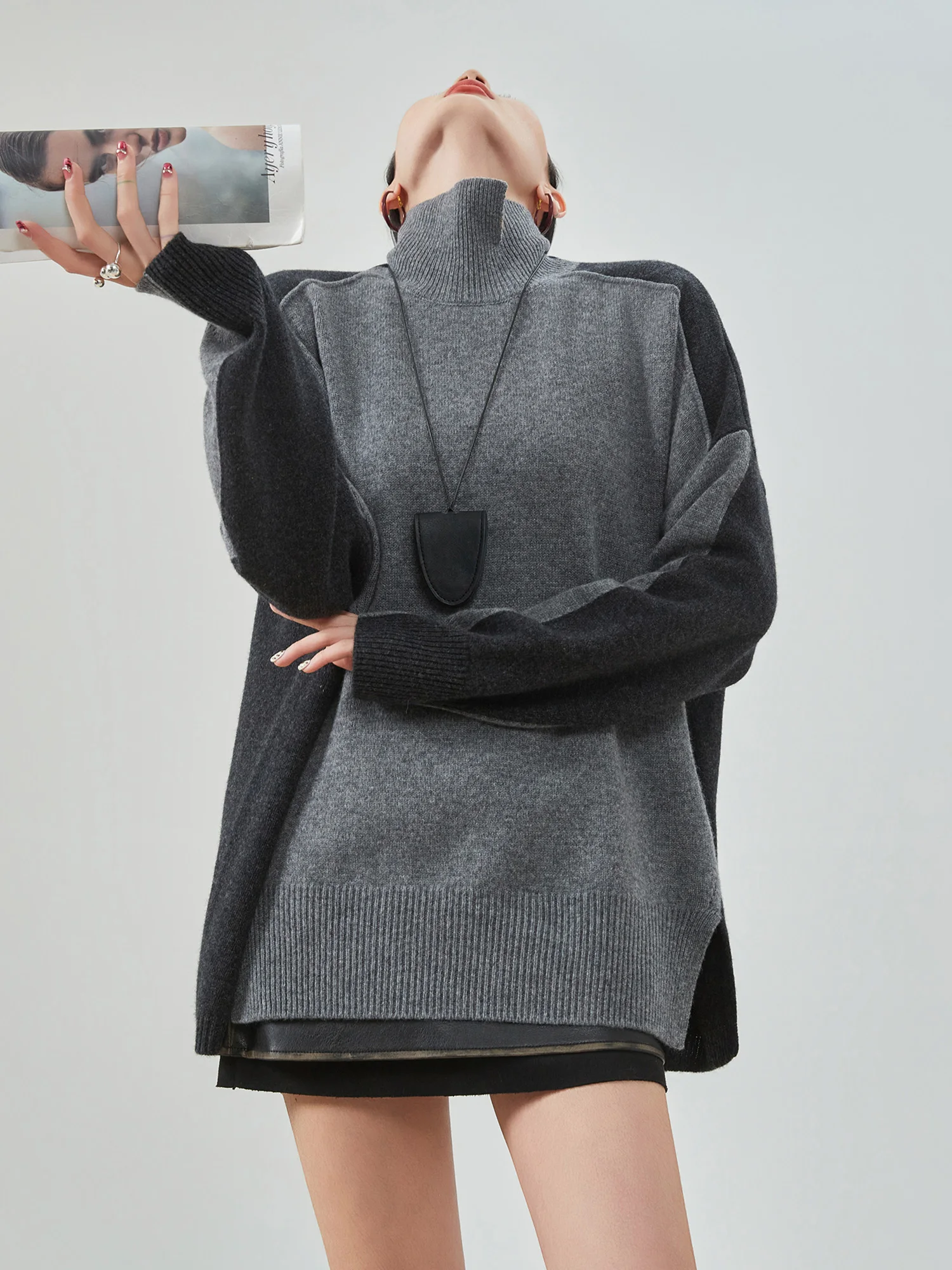 

Loose High Collar Long Sve Knitted Sweater Women's Spring New Sle Korean Version Color Blo Irregular Faionable Sweater