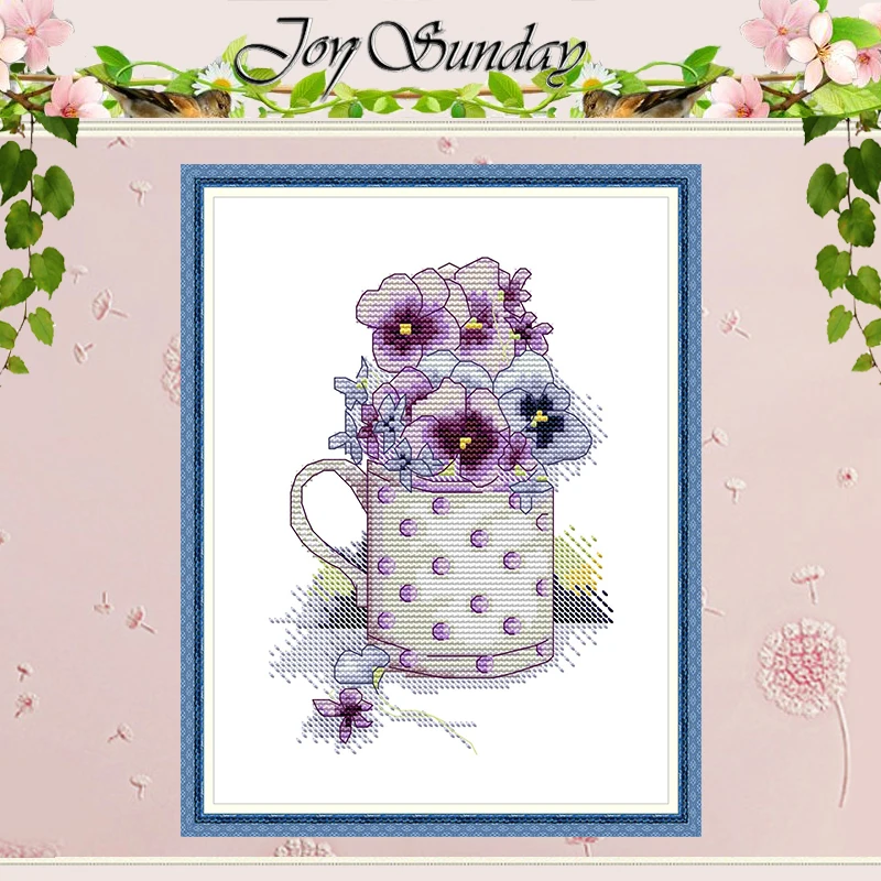 Pansy Tea Cup Patterns Counted Wholesale DIY 11CT 14CT Stamped DMC Flower Cross-Stitch Kits Embroidery Set Needlework Home Decor