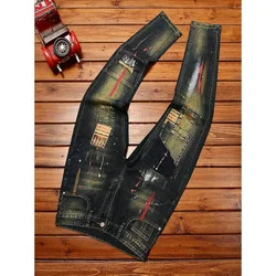 Pantalones vaqueros con parches rasgados para hombre, Jeans con estampado de Graffiti, de tubo recto, ajustados, elásticos, lavados, de calle, de alta gama, a la moda, nuevos