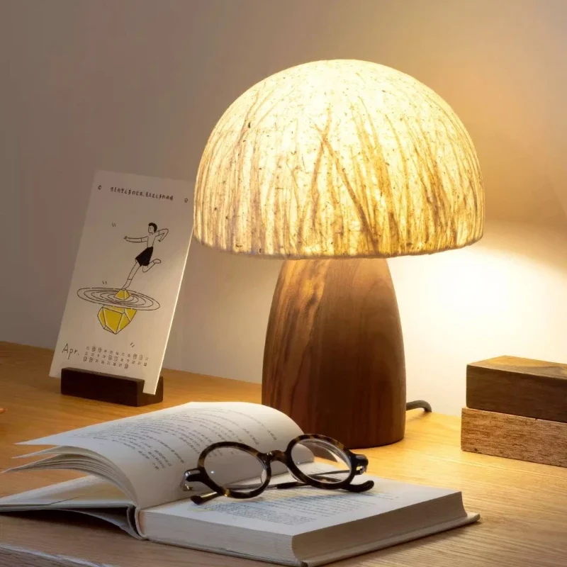 SANDYHA Japanese Bedside Table Lamps Mushroom Lampshade Black Walnut Wood Lamp Body Living Room Lights Bedroom Decoration Home