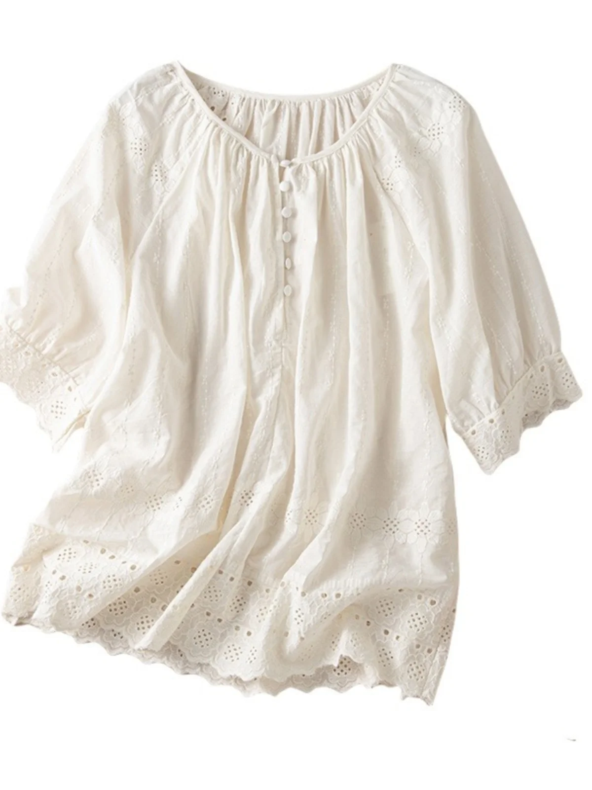 Sweet Doll irt レディース 夏用 ルーズ ファッション レーストリム ホロー刺繍 ラウンドネック オルト スヴェ ブラウス レトロ 通勤 スレ