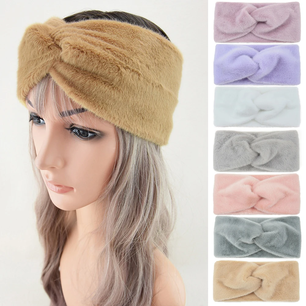 Winter Warm Plush Wide Headbands For Women Soft Fur Hairbands Makeup turban Cross Knitted Elastic Hair bands Hair Accessories