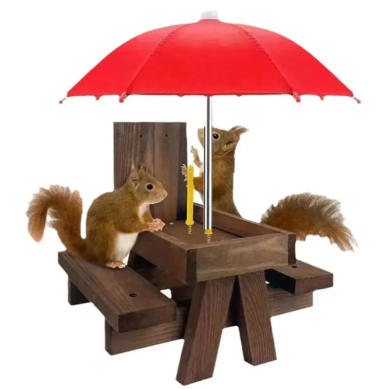 A74E-Wooden Squirrel Feeder Bird Pet Dining Table Bench Hanging Feeding Table Mini Umbrella Ornaments