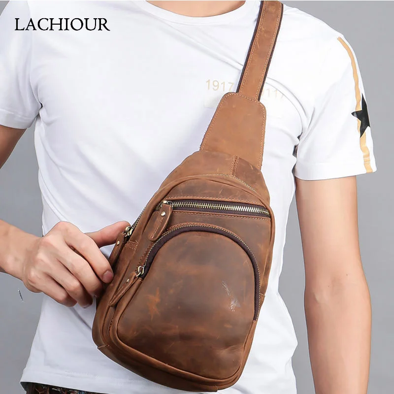 

Men Genuine Original Leather Chest Packs Vintage Crazy Horse Travel Sling Shoulder Bag Male Daypack Crossbody Handbags