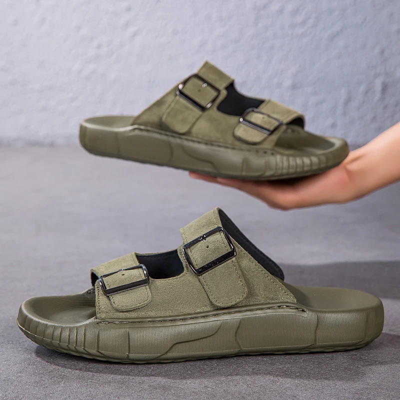 

Oversize men genuine leather slippers lightweight soft bottom anti slip breathable beach outdoor daily shoes